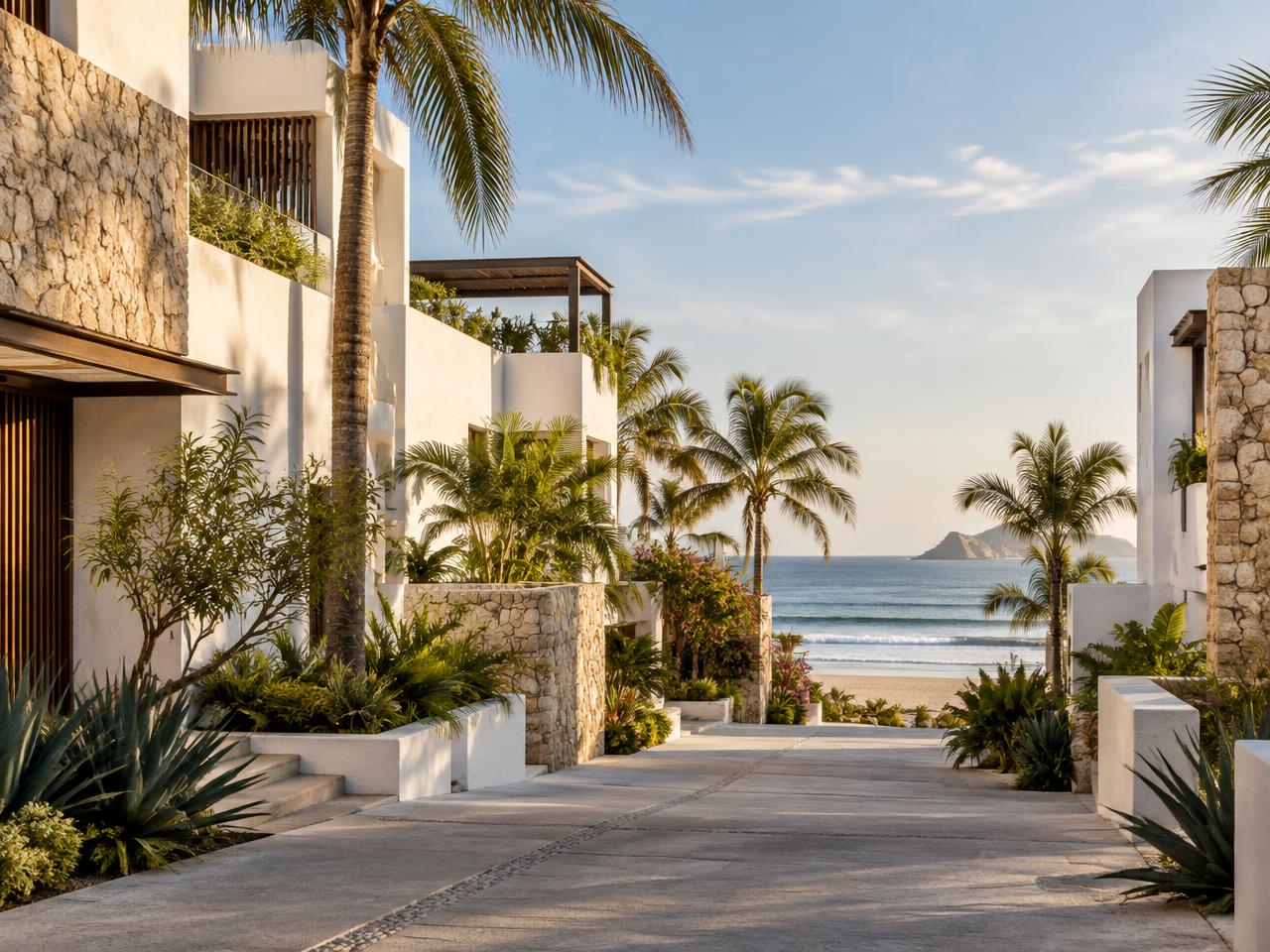 Vista residencial conceptual cerca de la playa; no representa Casa Maxor ni una propiedad verificada